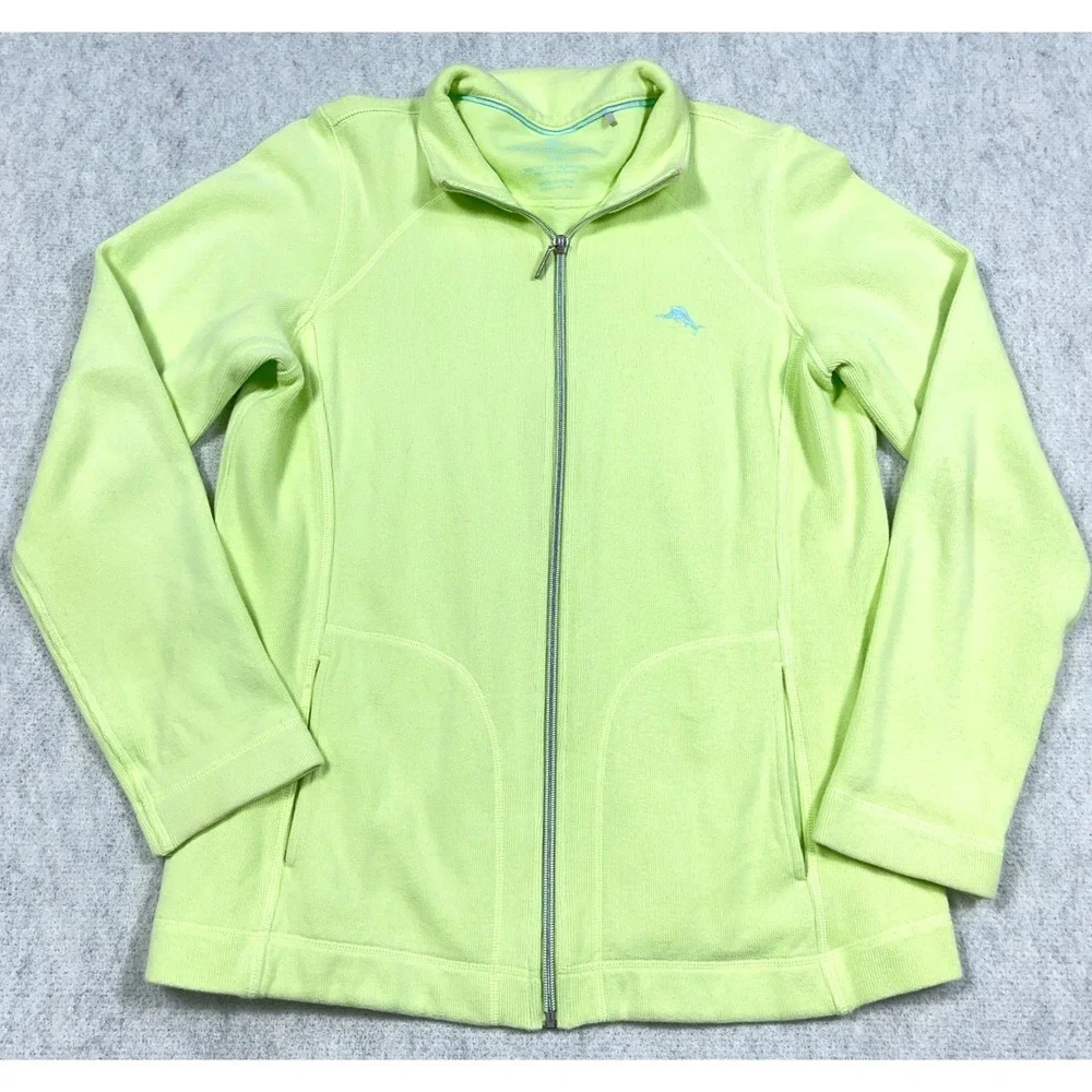 Tommy Bahama Sweater Women‎ Large Green Full Zip Jacket Relax Neon Marlin *
